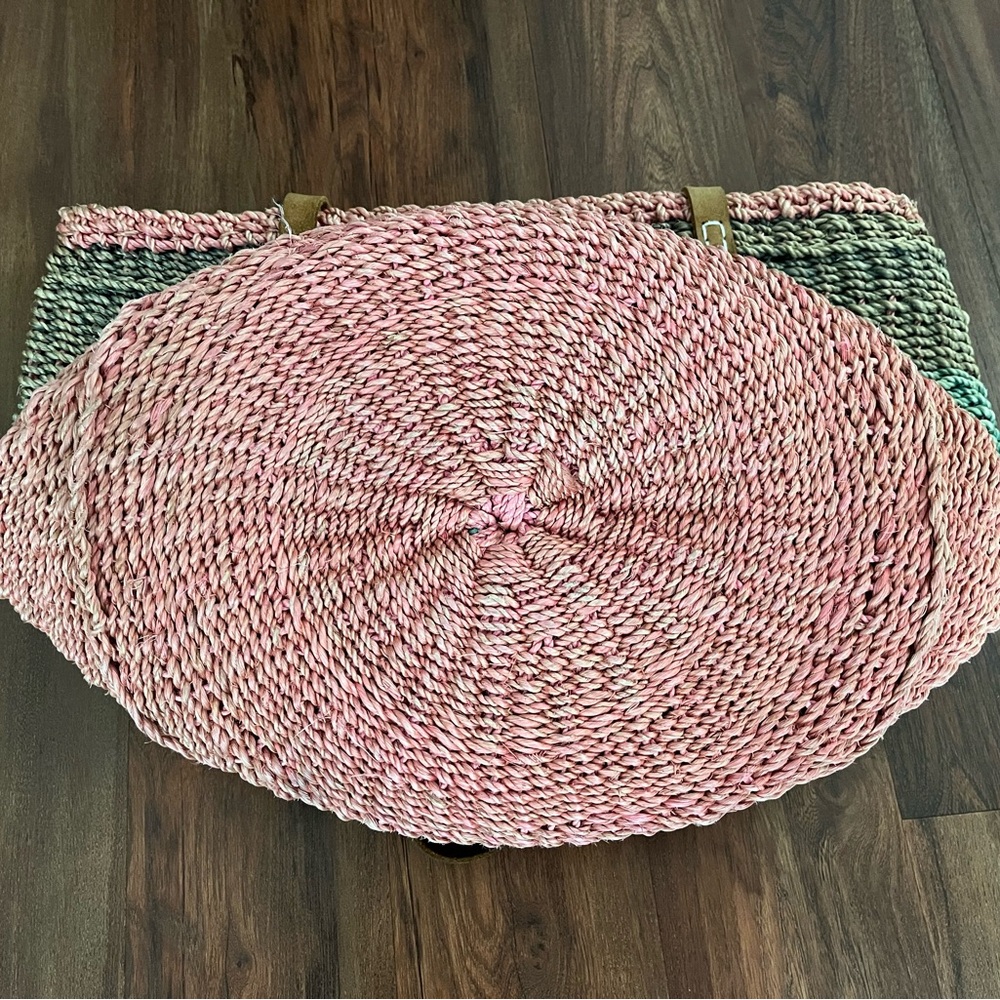 Woven Colorblock Straw Bag with Leather Handles - Picture 4 of 4